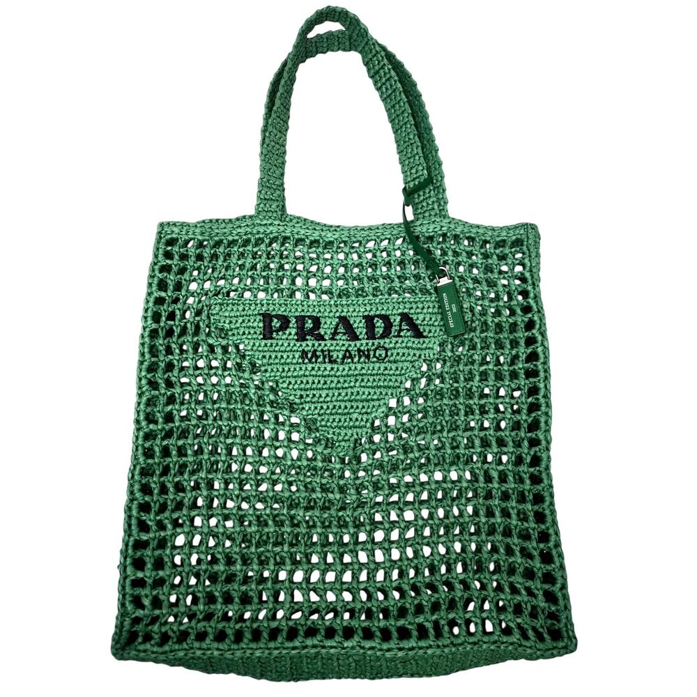 Prada Yarn Raffia Effect Crochet Logo Embroidered Tote Bag Green